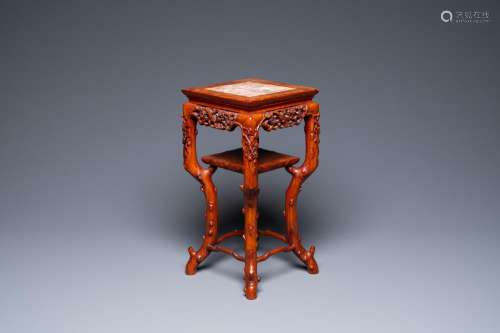Lot 1102: A CHINESE CARVED WOODEN MARBLE TOP STAND, 19TH C.