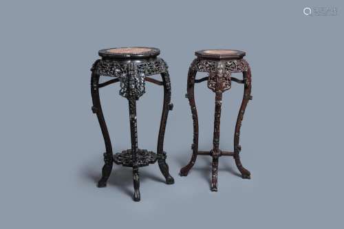 Lot 1103: TWO RETICULATED CHINESE CARVED WOODEN STANDS, 19/2...