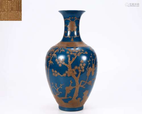 A Blue Glaze and Gilt Vase Qing Dyn.