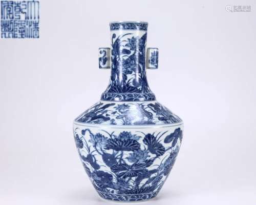 A Blue and White Lotus Pond Vase Qing Dyn.