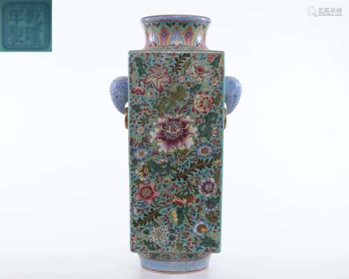 A Famille Rose Squared Vase Qing Dyn.