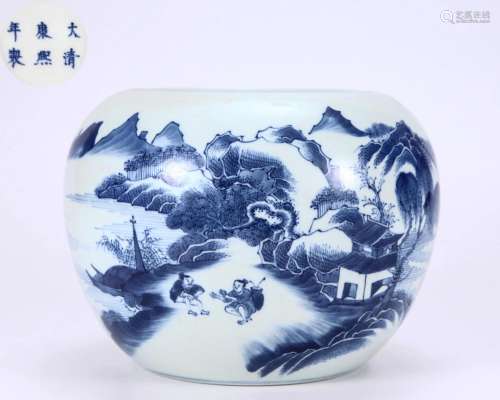 A Blue and White Landscape Waterpot Qing Dyn.