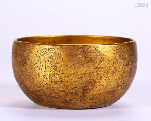 An Incised Bronze-gilt Alm Bowl Tang Dyn.