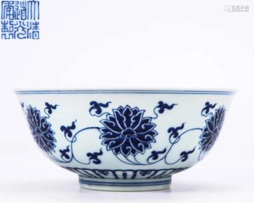 A Blue and White Lotus Scrolls Bowl Qing Dyn.