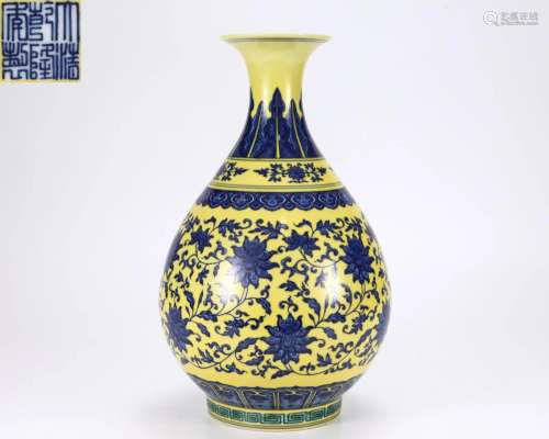 A Yellow Ground and Underglaze Blue Vase Qing Dyn.