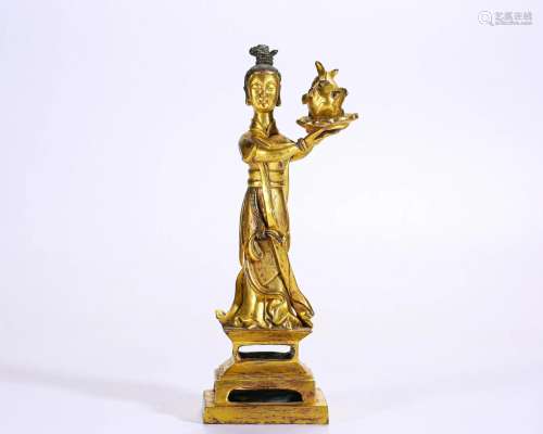 A Bronze-gilt Standing Lady Qing Dyn.