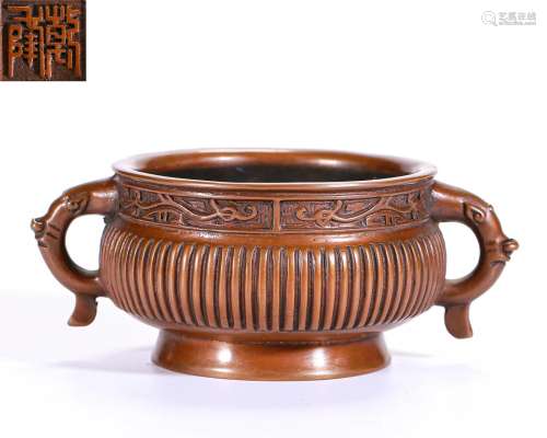 A Bronze Censer with Double Handles Qing Dyn.