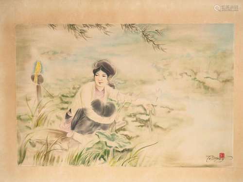 TU DUYEN "Jeune fille cueillant des lotus et écoutant l...