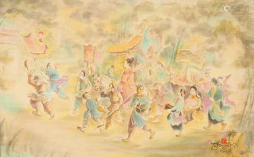 TU DUYEN "l'arrivée du mandarin" Aquarelle su...