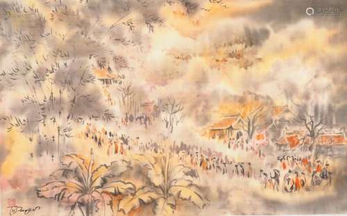 TU DUYEN "la procession". Aquarelle sur soie, sign...