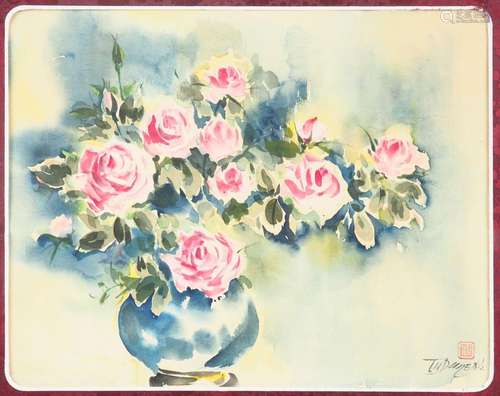 TU DUYEN "Bouquet de roses dans un vase" Aquarelle...