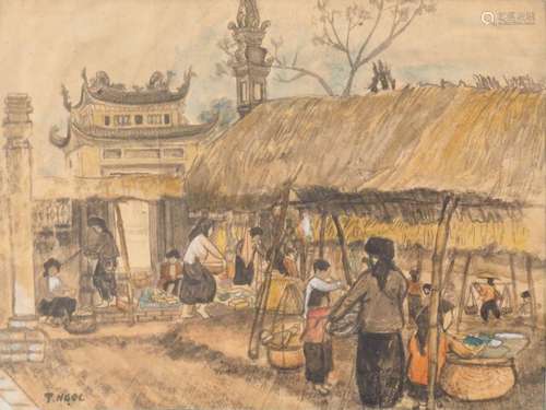 T NGOC "scène de marché" Encre et couleur sur papi...