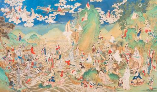MOUNTAINOUS LANDSCAPE WITH GODDESSES, MYTHICAL ANIMALS AND B...