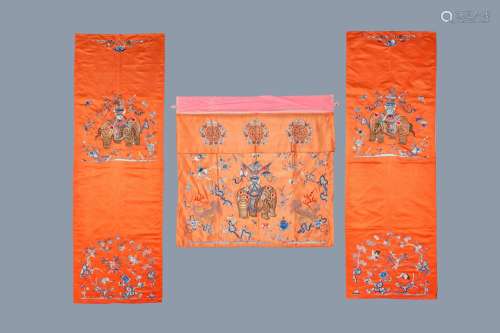 Lot 1155: THREE CHINESE EMBROIDERED SILK PANELS WITH ELEPHAN...