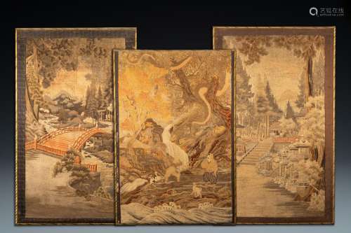 Lot 1161: THREE LARGE JAPANESE SILK EMBROIDERIES WITH LANDSC...