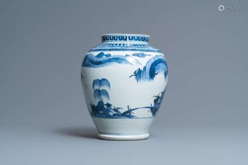Lot 1174: A JAPANESE BLUE AND WHITE ARITA VASE WITH A LANDSC...