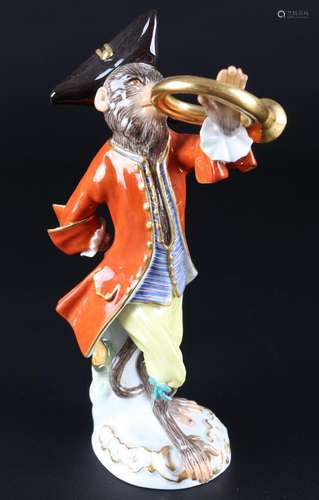 Meissen Affenkapelle Waldhornbläser, french horn player monk...