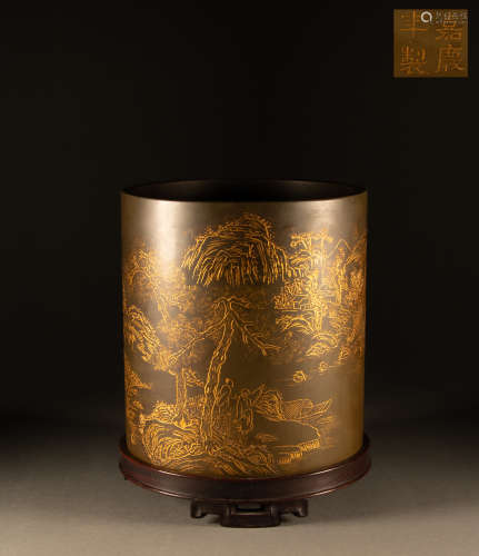 Qing Dynasty -  End Stone Painting Gold Poem Pen Holder