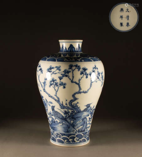 Qing Dynasty - Blue and white flower and bird plum vase