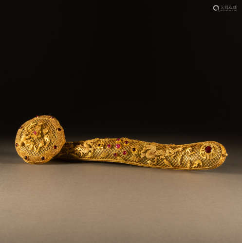 Qing Dynasty - Dragon and phoenix pattern gold bao jade wish...