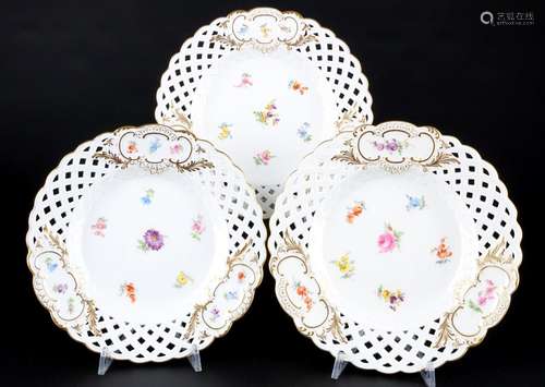 Meissen Streublümchen 3 Durchbruchteller, cutwork plates,