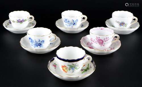 Meissen 6 Mokkatassen diverse Dekore, mocha coffee cups,