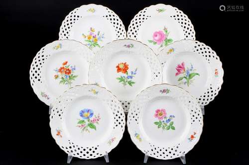 Meissen Blumenmalerei 7 Durchbruchteller 1.Wahl, cutwork pla...