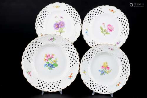 Meissen Blumenmalerei 4 Durchbruch-Teller, cutwork plates,