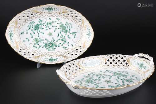 Meissen Indisch Grün Reich 2 Prunkschalen, cutwork bowls,