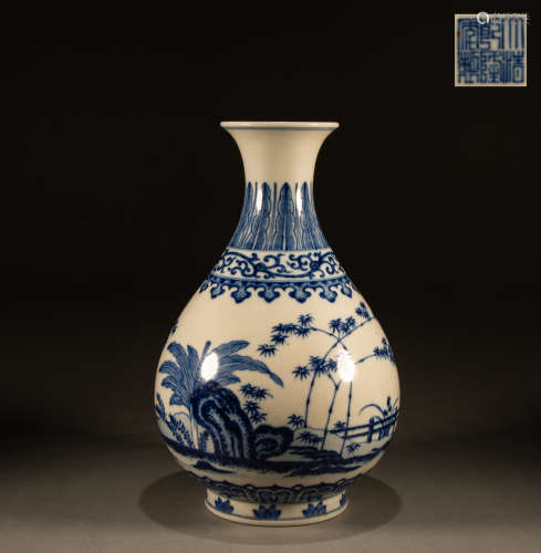 Qing Dynasty - Blue and white mountain stone plantain bottle