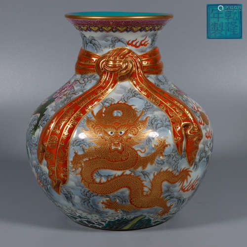 Qing Dynasty - Gold enamel dragon pattern tracing vase