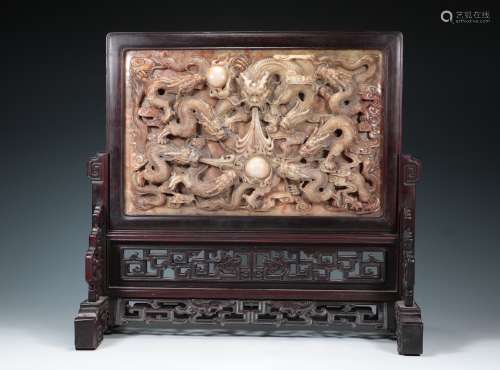 Qing Dynasty - Shoushan Stone Kowloon play bead screen
