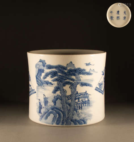 Qing Dynasty - Blue and white landscape figures pen holder