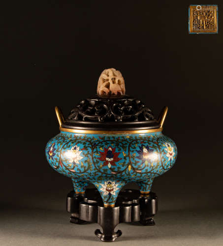 Qing Dynasty - Bronze gilt flower pattern cloisonne censer