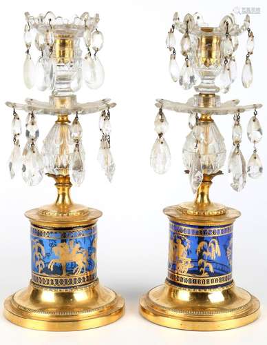 Paar Tischleuchter mit Kristallbehang, crystal candlesticks,