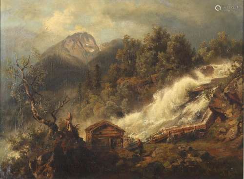 Monogrammist A.L. 1866 - Hütte am Wildbach, shed at wild cre...