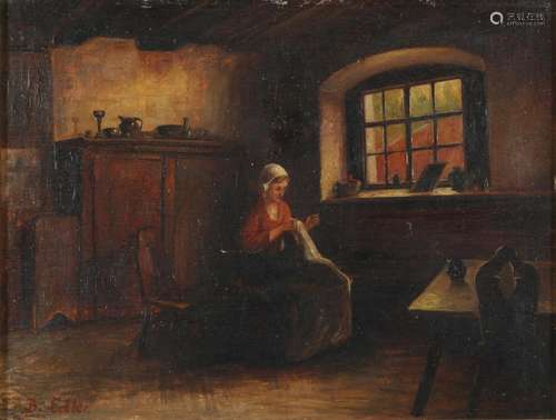 B. Edler - Interieur mit Frau beim Nähen, interior scenery w...