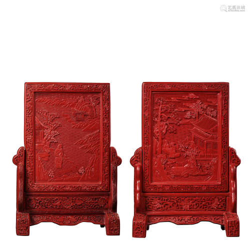 A PAIR OF MODERN CHINESE LACQUER TABLE SCREEN
