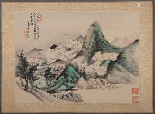 CHINESE PAINTING AND CALLIGRAPHY, GREEN MOUNTAINS AND WATER,...