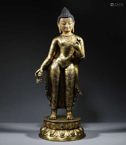 Qing Dynasty, Tibet, bronze gilding, Buddha statue of Shakya...