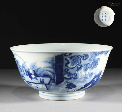 Qing Dynasty, blue and white character story bowl