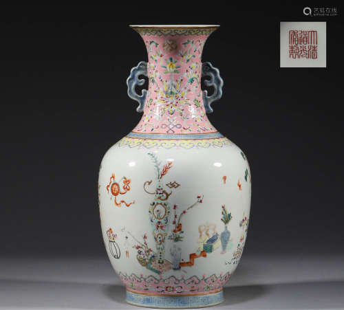Qing Dynasty, pastel eight treasures two ear bottle
