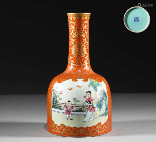 Qing Dynasty, pastel painted gold figure story neck bottle