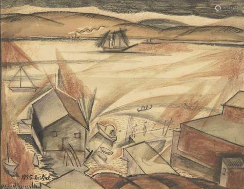 David Burliuk, Russian 1882-1967- Untitled (Harbour scene), ...