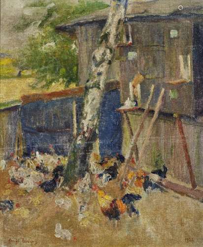 George Mosson, German 1851-1933- Chickens in a farmyard, 192...