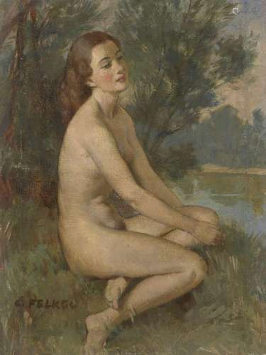 Carl Felkel, Austrian 1896-1973- Kneeling female nude; oil o...