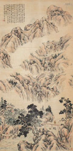 蔡守 壬申（1932）年作 溪山策杖 立轴 设色纸本