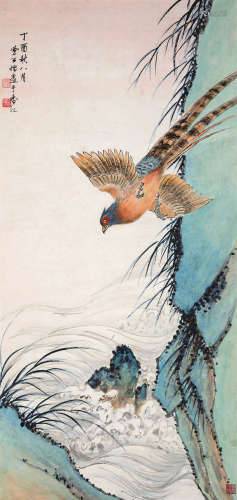 李凤公 丁酉（1957）年作 指画飞鸟 立轴 设色纸本