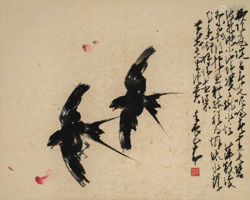 赵少昂 壬辰（1952）年作 双飞燕 镜片 设色纸本