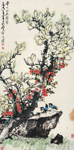 黄独峰 壬寅（1962）年作 花鸟 镜片 设色纸本